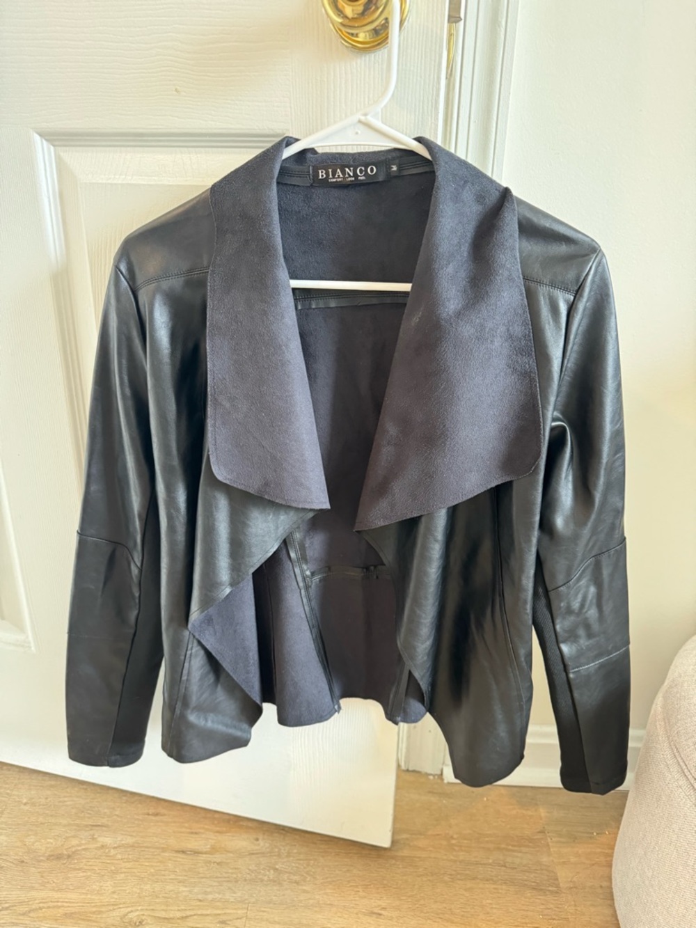 Bianco Black Draped Faux Leather Jacket with Suede Collar